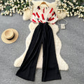 Korean style commute v-neck printed jumpsuit - women's summer high-waisted wide-leg slimming and flattering trousers