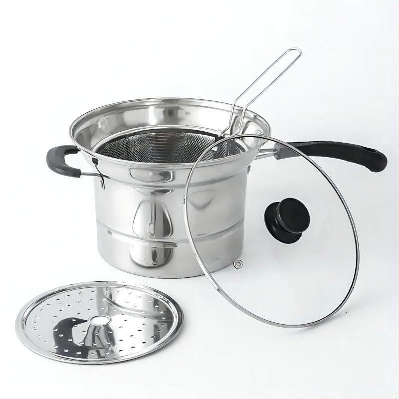 Wholesale stainless steel multifunctional noodle pot with handheld strainer, large capacity deep fryer, universal cooking pot for home use