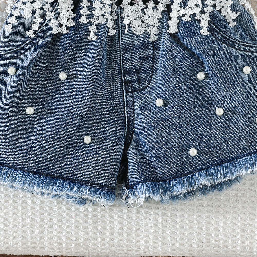 european and american style girls' summer outfit: bowknot lace tassel tank top + beaded denim shorts set