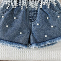 european and american style girls' summer outfit: bowknot lace tassel tank top + beaded denim shorts set