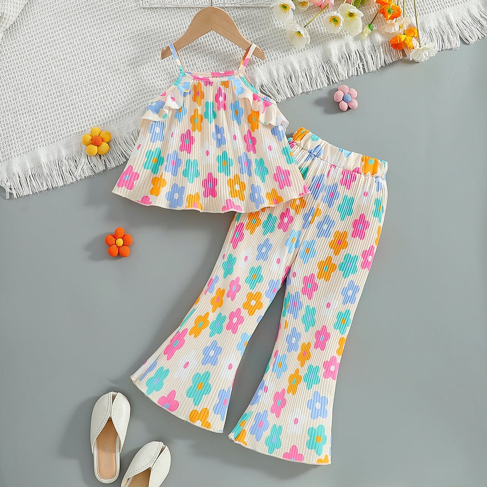 Girls' summer cami set with flared pants - dopamine floral print, ruffle collar, korean style two-piece outfit