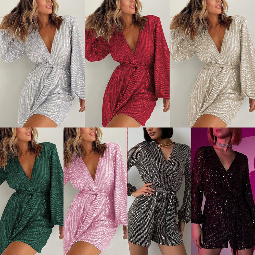 new european and american cross-border  direct sales holiday party fashion sequin long sleeve dress jumpsuit