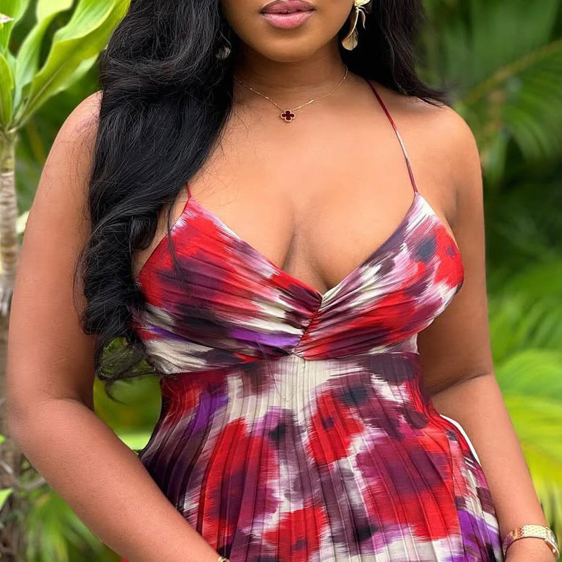 Spot   African printing pleated suspender long dress  European and American large size sexy dress women