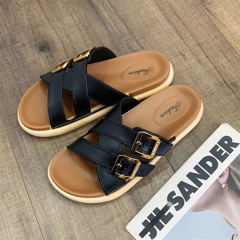 New summer women's platform flip-flops: stylish, versatile, casual beach sandals with double buckle – 2026 collection