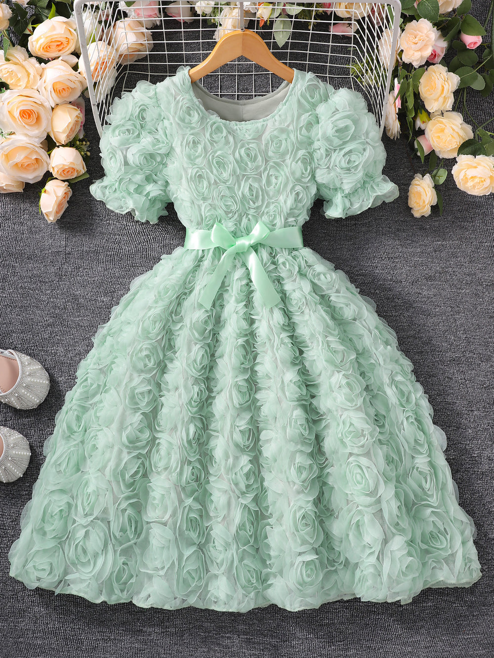 Girls' dress (sizes for mid-to-large children), 3d rose embellished dress + bow belt