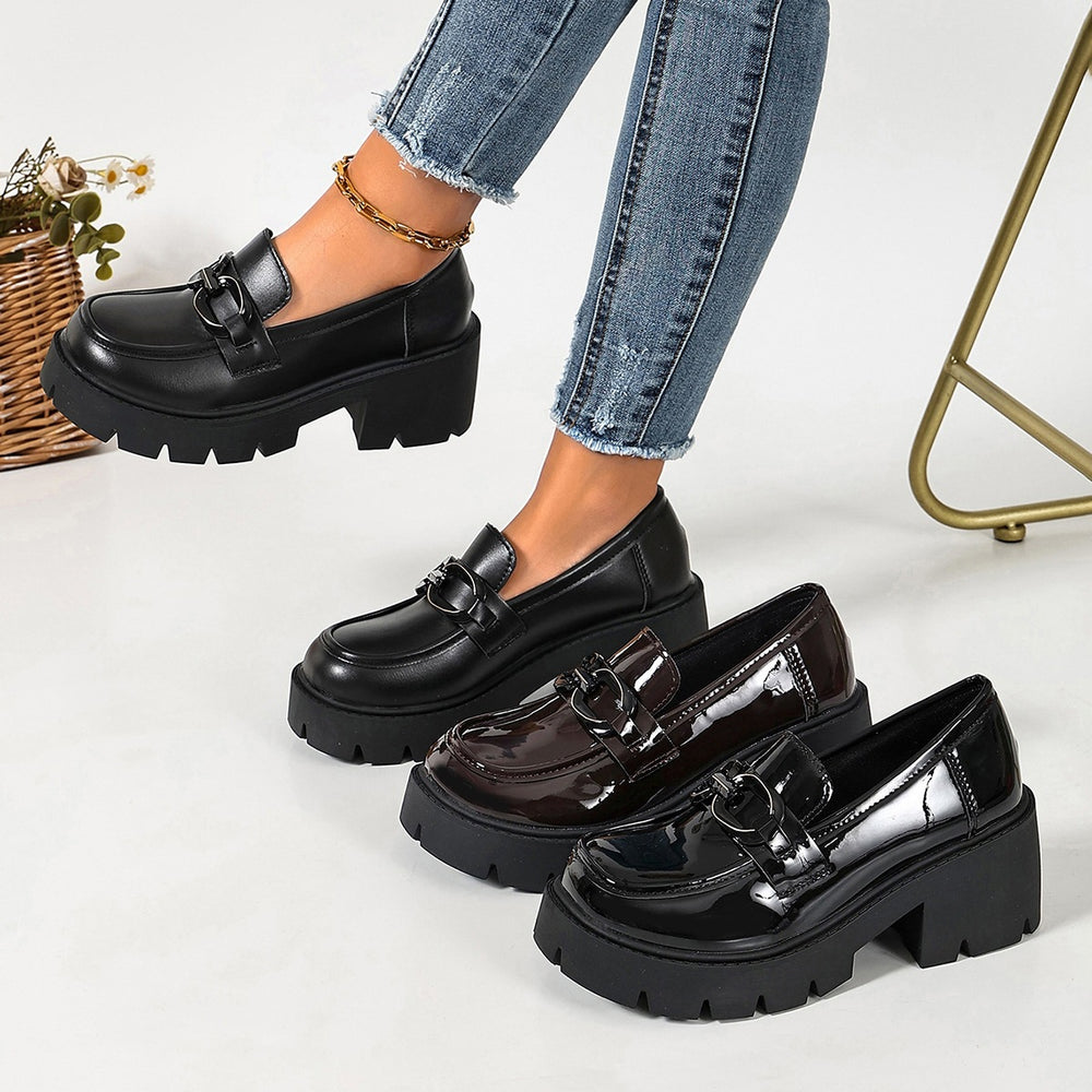 plus size high-heeled loafers  spring & fall new arrivalfashion metal chain thick sole slip-on leather shoes flats women