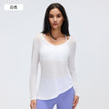 Loose-fit women's long-sleeve sports top - v-neck drawstring waist slimming yoga shirt - casual fitness long-sleeve tee d26100