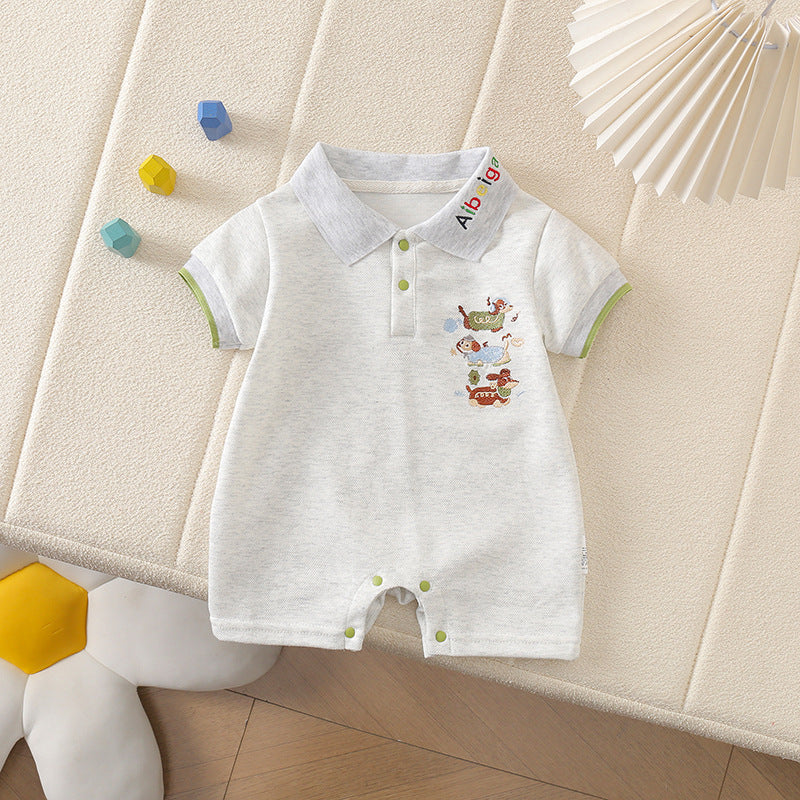 Baby clothes summer romper boy short sleeve crawling suit cartoon embroidery turn-down collar polo shirt outing wear thin style