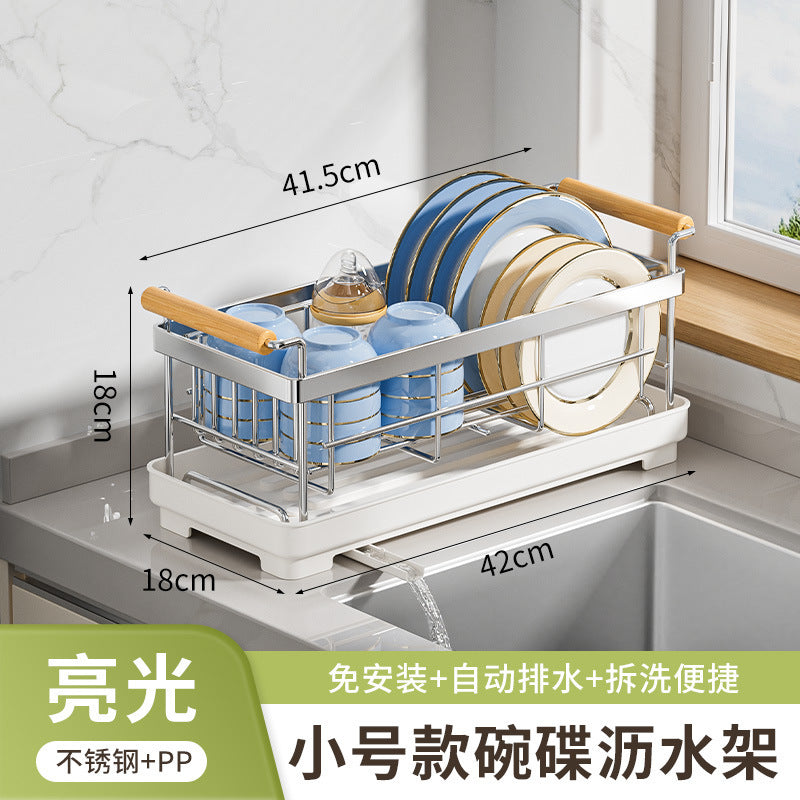 Stainless steel bowl rack, kitchen rack, countertop, household single-layer drain tray rack, large-capacity tableware and dish storage rack