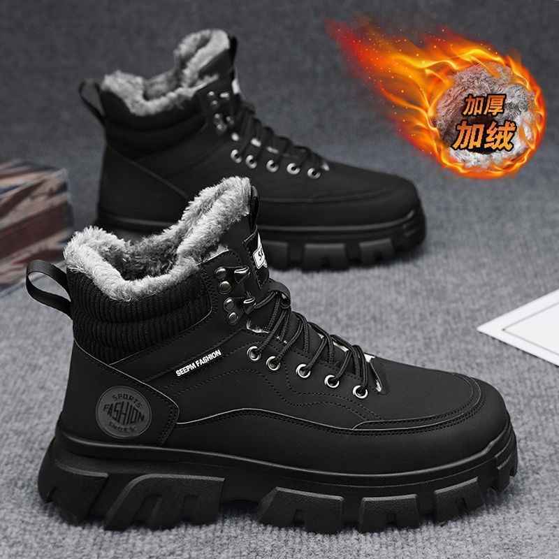 Boots men's fall and winter high-top british style workwear rhubarb boots men's fleece-lined cotton shoes thick sole outdoor waterproof leather boots