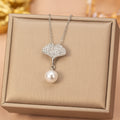 8442 pearl ginkgo leaf steel color necklace
