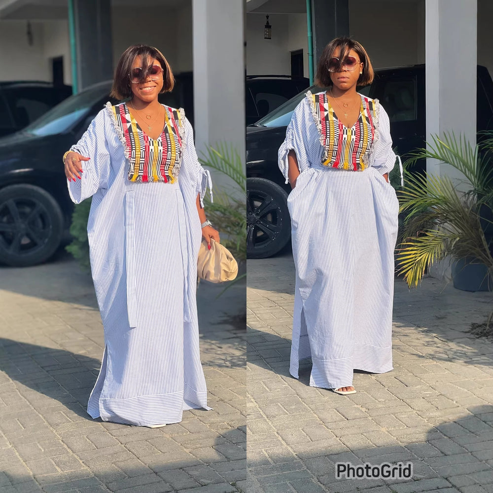 European and american cross-border women's clothing  summer new arrival: african plus size patchwork v-neck loose striped maxi dress