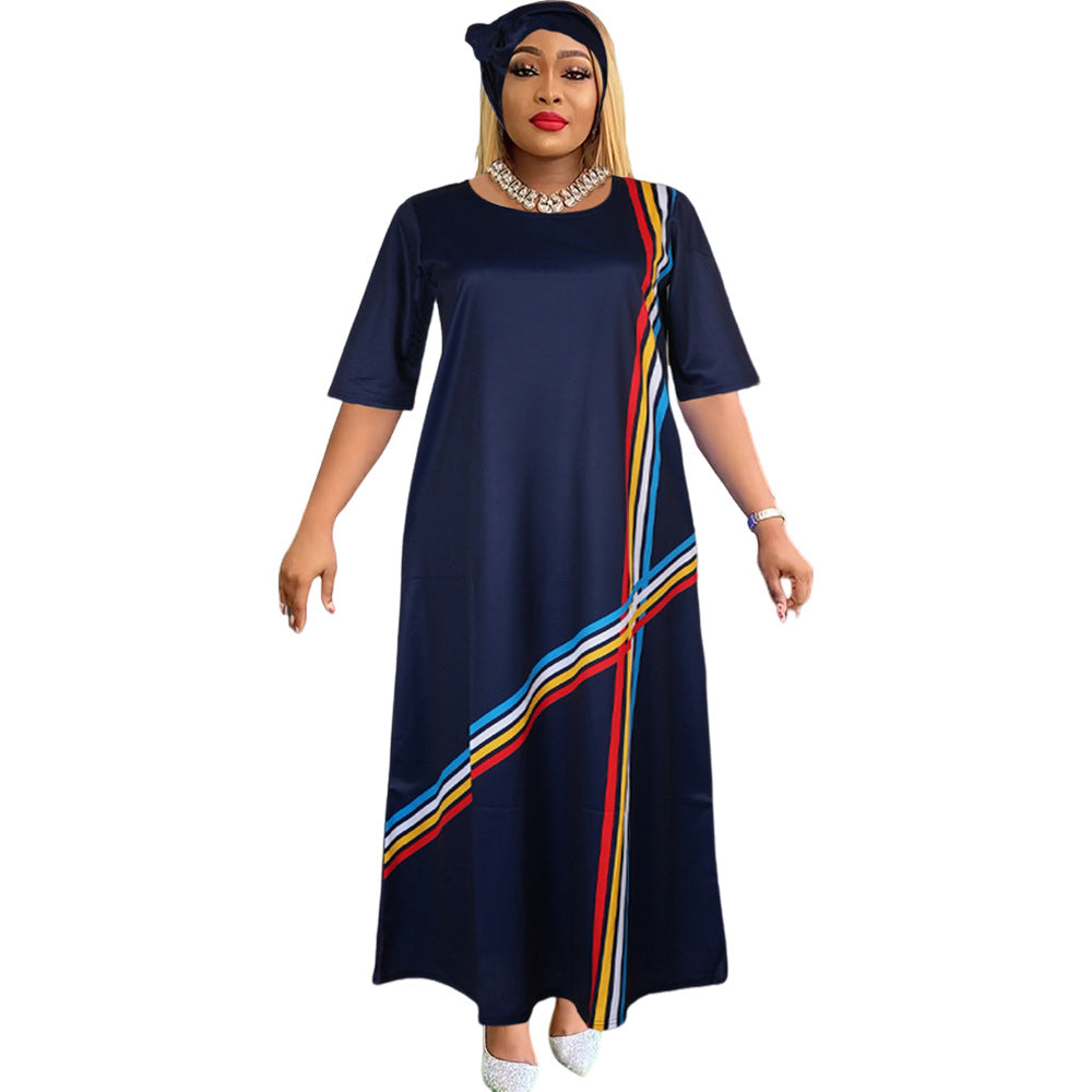 Aliexpress  cross-border supply african plus size european and american women's clothing colorfulstripesdress with headscarf