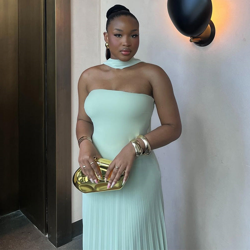 European and american cross-border women's fashion:  summer new arrivals - sweet and fresh bandeau high-waisted slimming pleated maxi dress
