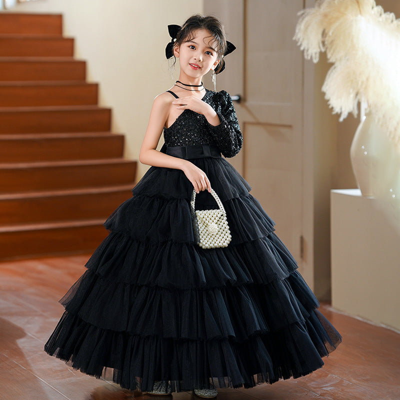 Girls' formal dresses princess gowns high-end little host runway fashion european and american black performance costumes light luxury hepburn style dresses for girls