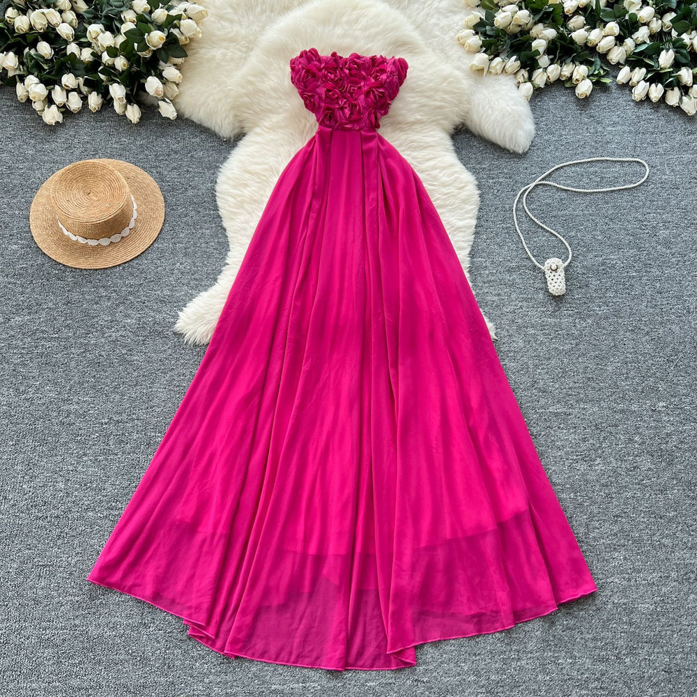 Fuchsia dress women's summer french style 3d floral sleeveless cinched waist slimming elegant long mesh party dress