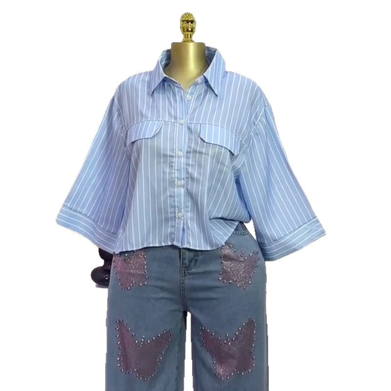 European and american cross-border women's fashion:  autumn new arrival - stylish turn-down collar striped versatile loose fit cropped casual shirt top