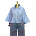 European and american cross-border women's fashion:  autumn new arrival - stylish turn-down collar striped versatile loose fit cropped casual shirt top