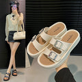 Retro color slippers for women new arrival double leather belt buckle flip-flops spring and summer outwear stepping on shit feeling half slippers beach sandals