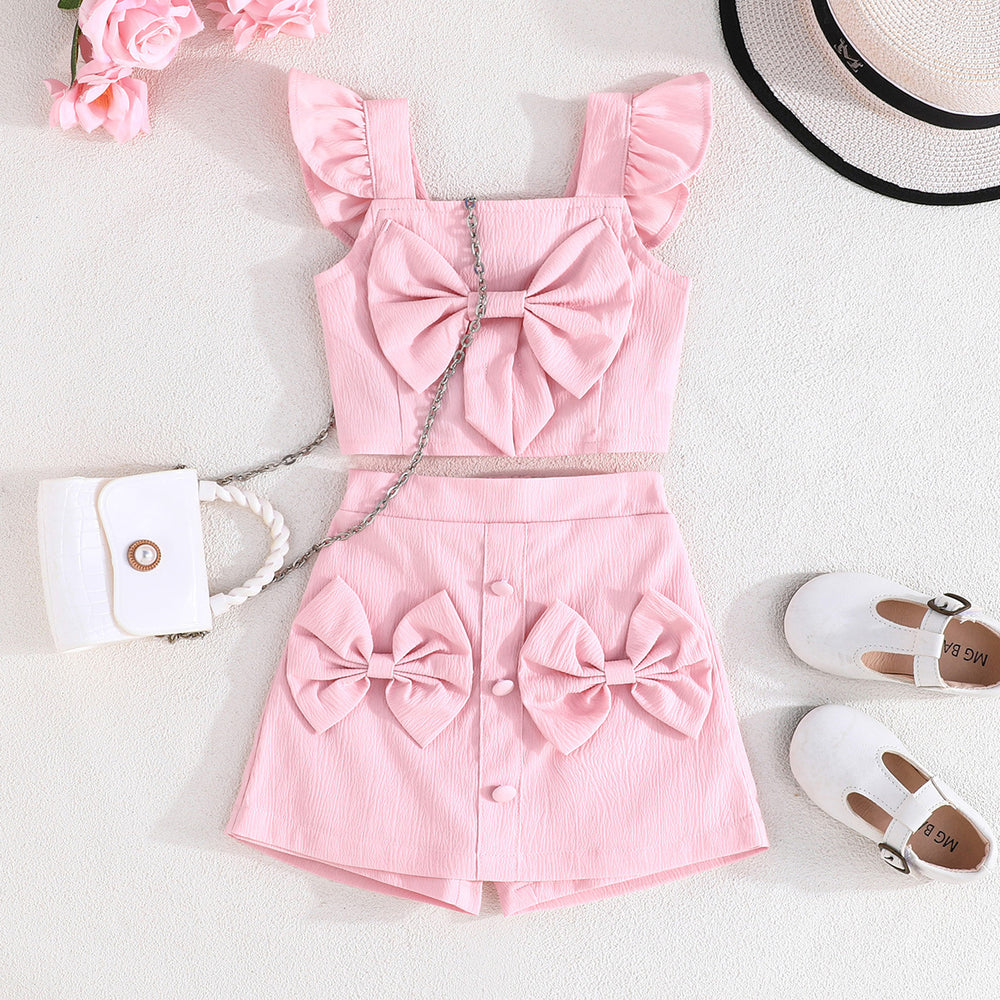 european and american cross-border ins hot-selling fashion flutter sleeve top with bow + bowknot skirt set