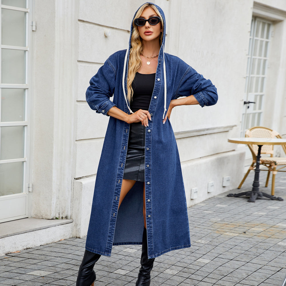 Fashion cross-border  women's spring and summer new arrival   washed hooded long denim outwear windbreaker