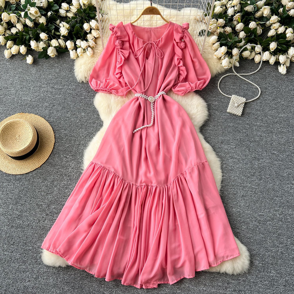 French-inspired beaded, ruffled, lantern-sleeve, a-line chiffon dress with a cinched waist and flattering, full skirt