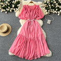 French-inspired beaded, ruffled, lantern-sleeve, a-line chiffon dress with a cinched waist and flattering, full skirt