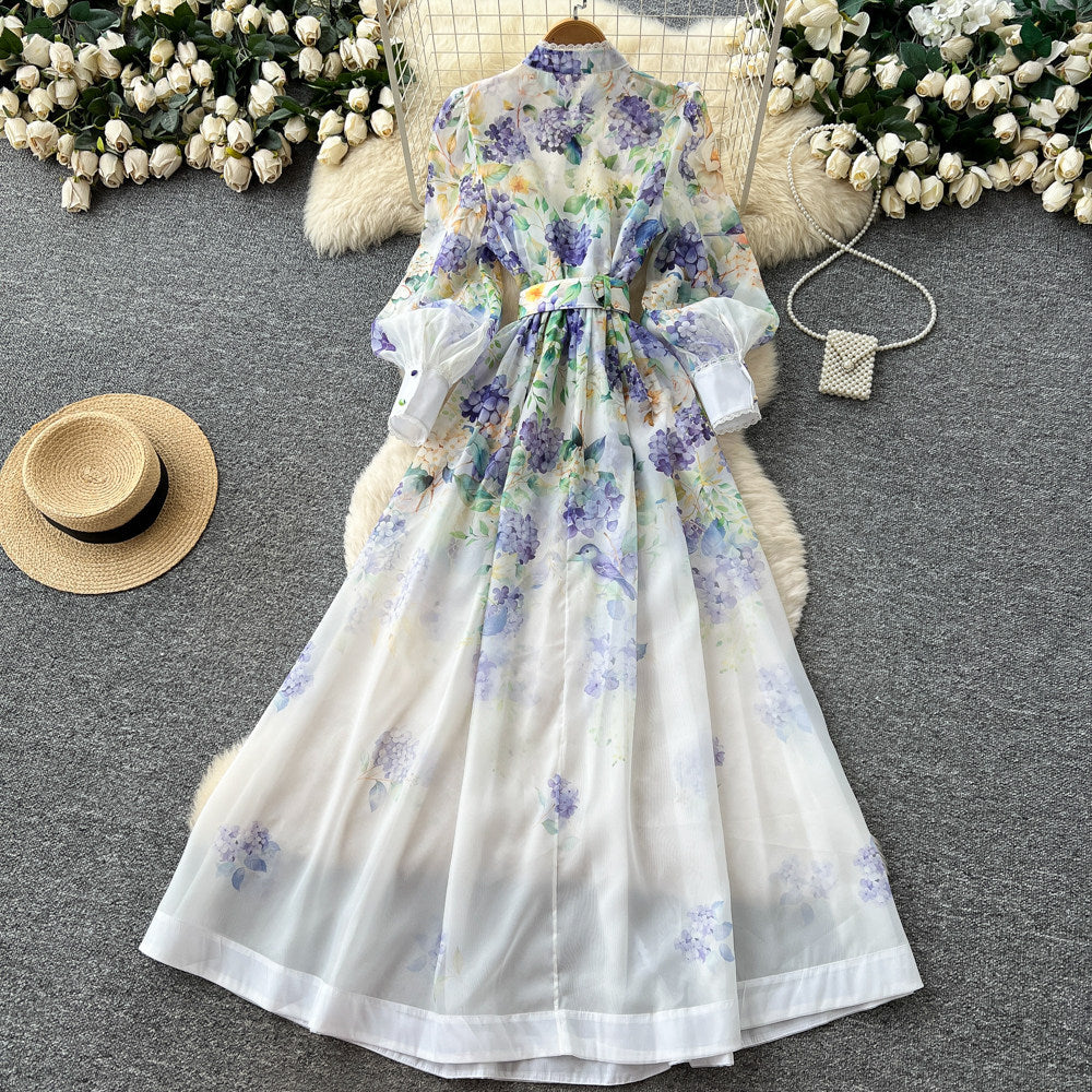 French chic lace trim floral print dress - women's stand collar long sleeve cinched waist tie a-line maxi dress - perfect for work