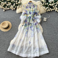 French chic lace trim floral print dress - women's stand collar long sleeve cinched waist tie a-line maxi dress - perfect for work