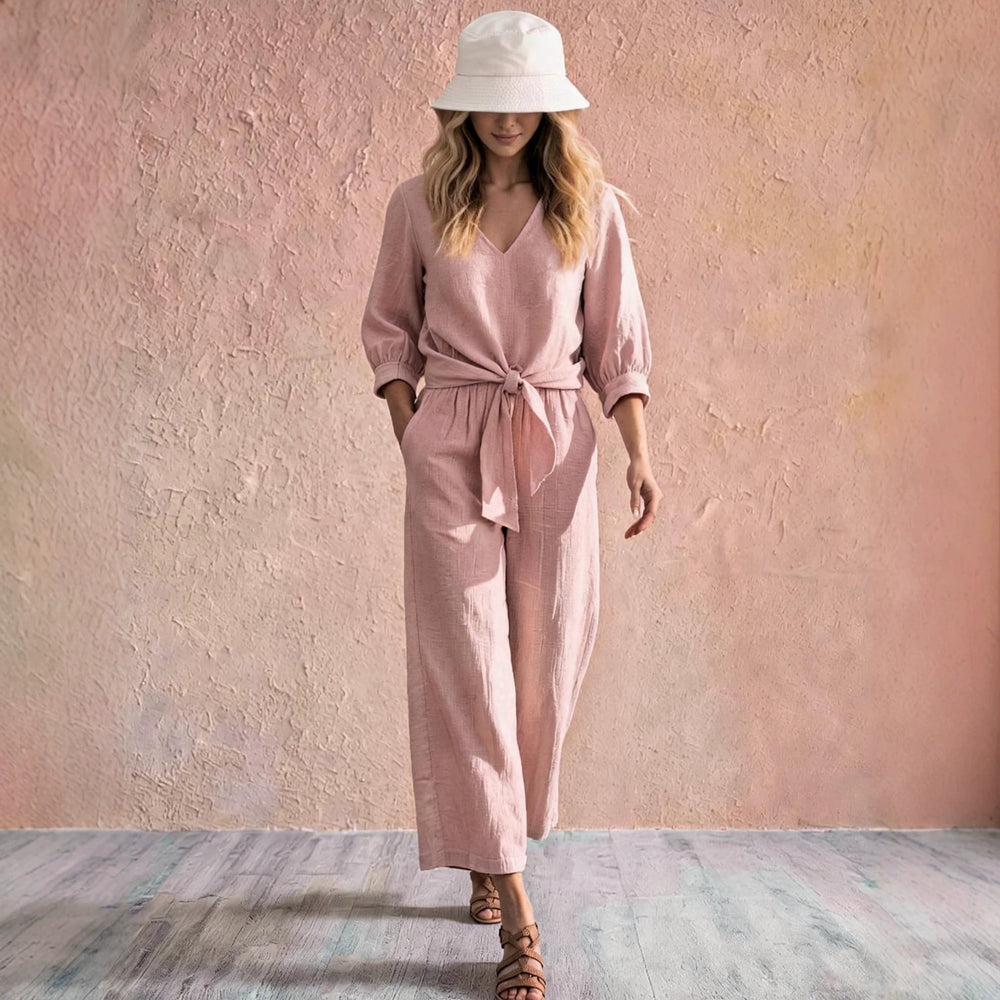 european and american cross-border spring/autumn new arrival: knotted, high-end style shirt with three-quarter sleeves – effortless vacation v-neck set
