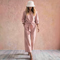 european and american cross-border spring/autumn new arrival: knotted, high-end style shirt with three-quarter sleeves – effortless vacation v-neck set