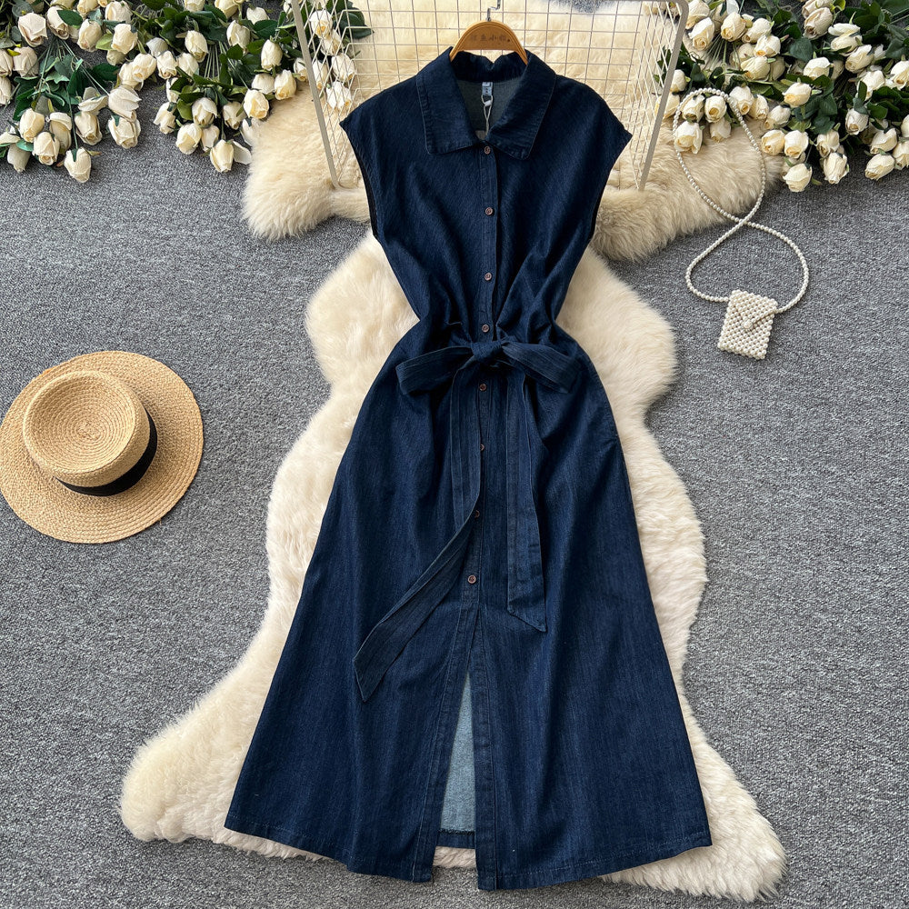 Korean style sleeveless denim dress for women,  summer design, tie-waist, slimming shirt dress, maxi length