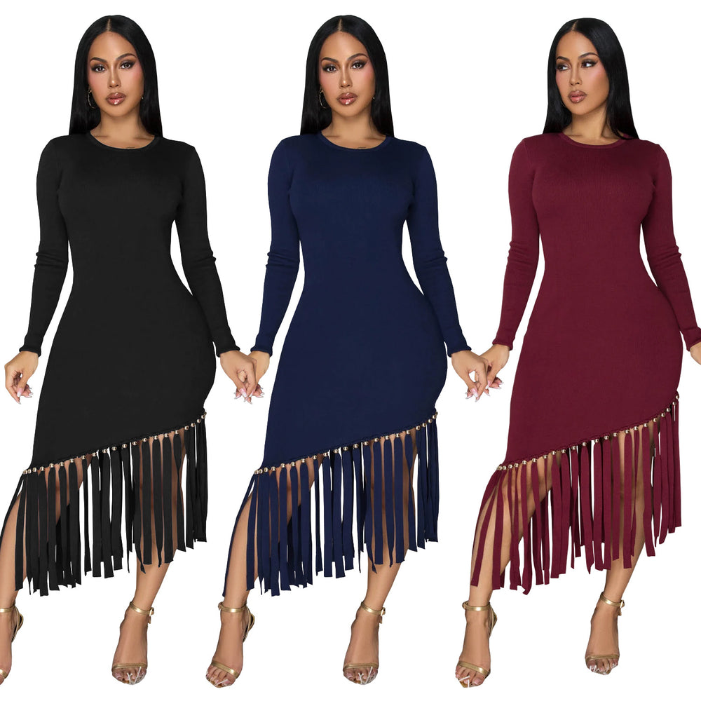 C7533 cross-border   fashion women's slim-fit solid color crew neck tassel hem dress