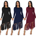 C7533 cross-border   fashion women's slim-fit solid color crew neck tassel hem dress