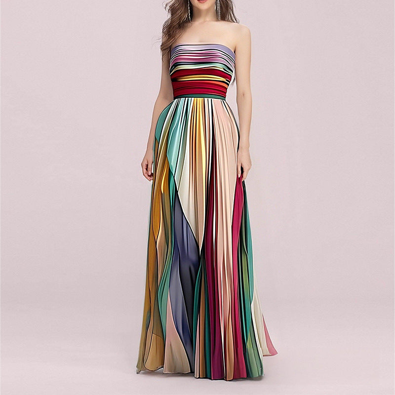 cross-border e-commerce women's fashion: european and american summer new arrivals - sexy bandeau printed colorful maxi dress/gown