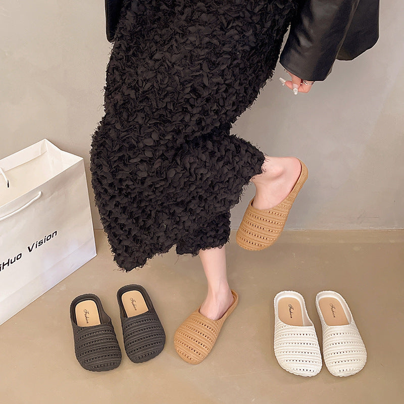 2025 summer new arrivalretro woven cut out vacation sandals toe half slippers women's shoes fashionoutwear sandals