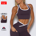 new cross-border shockproof push-up color block bra and high-waisted seamless compression professional fitness yoga leggings set
