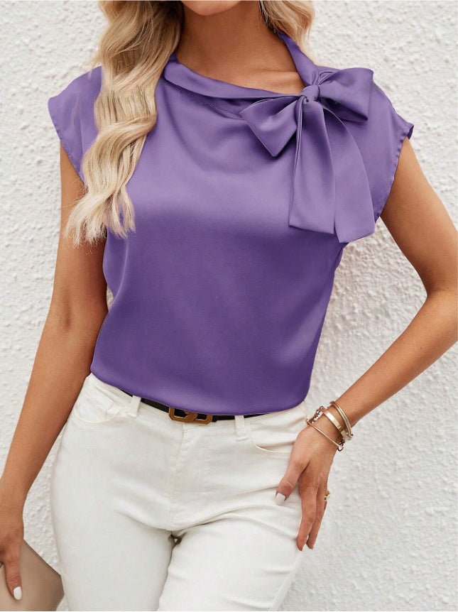 semi-open neck bow satin top, niche design satin women's clothing,   European and American new T-shirts