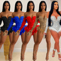 C6225 cross-border   fashion women's solid color sequin long sleeve shorts jumpsuit