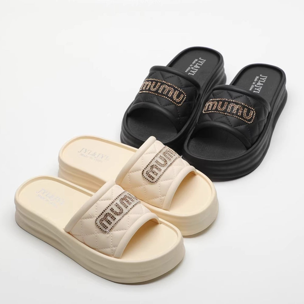 Women's summer slides 2026 new fashion rhinestone platform chunky sole height increasing non-slip beach thong sandals