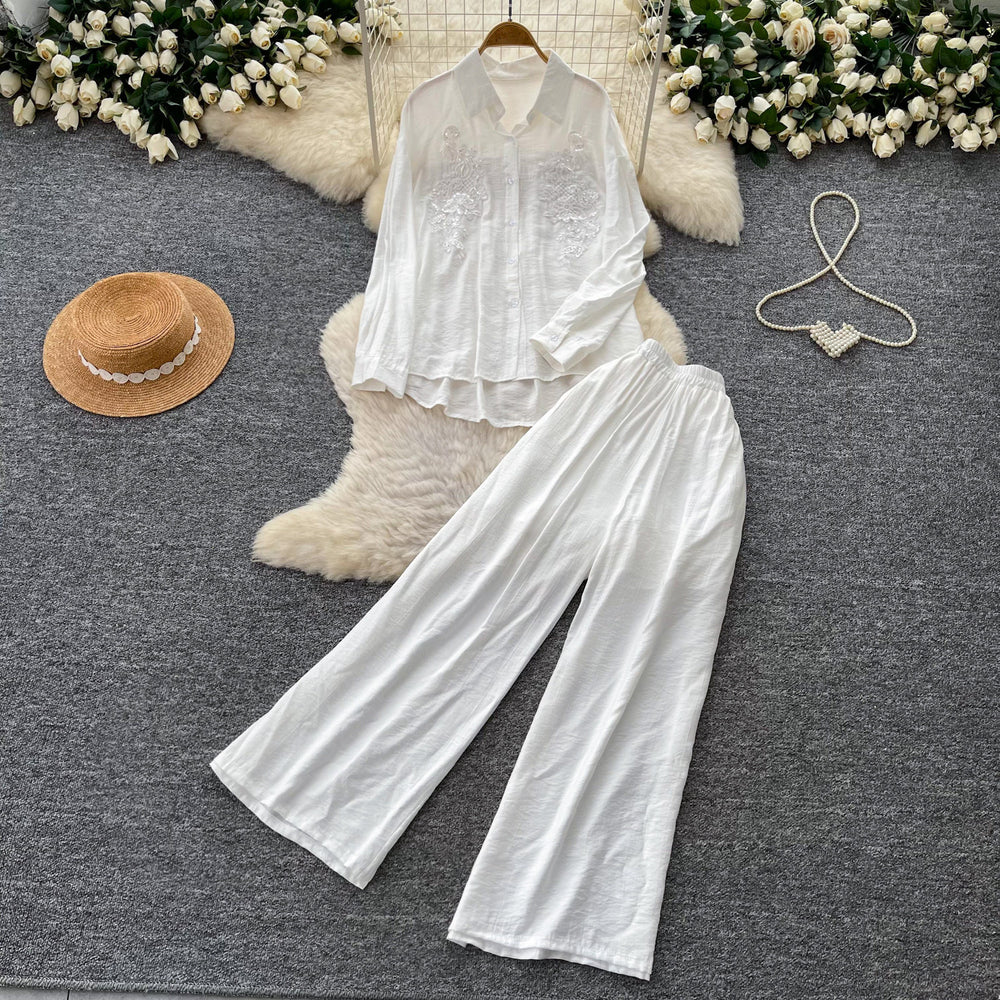 Lazy style pink embroidersequinshirtloose pantstwo-piece set female autumwork clothingslimming lookelegantfashionsuit