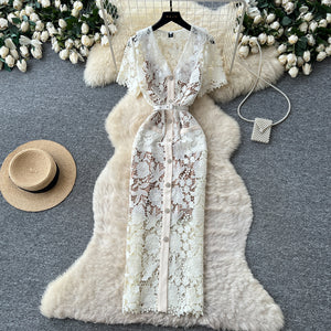 Elegant v-neck lace dress - women's summer high-end single-breasted waist-cinching slim fit maxi dress - autumn  formal gown