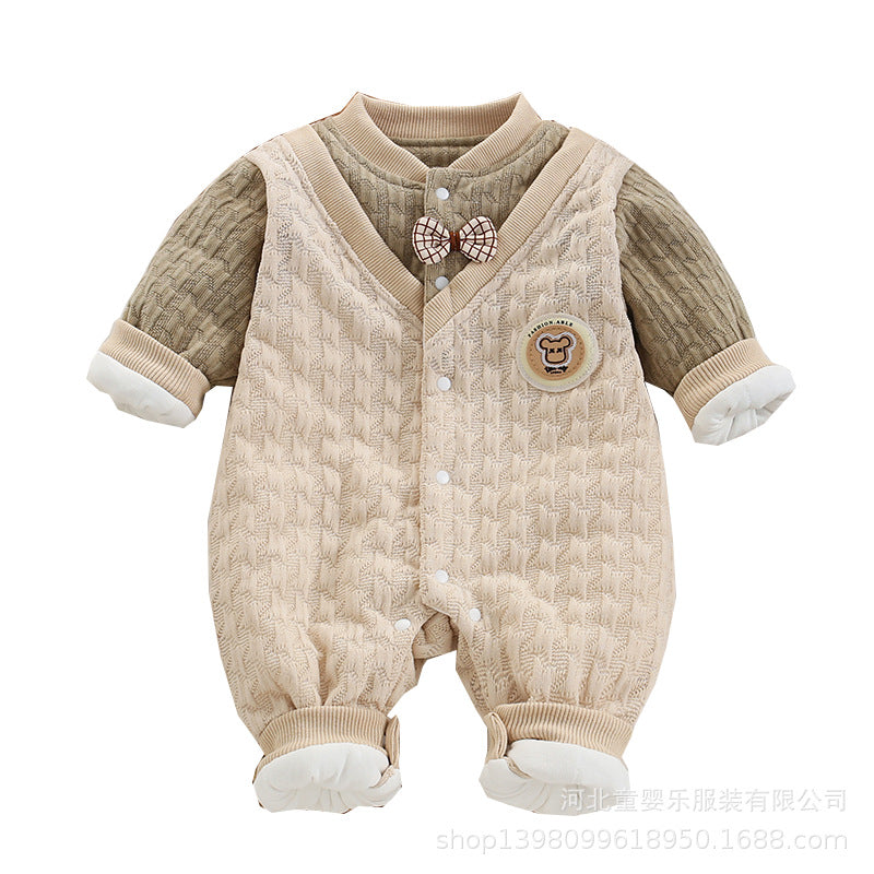 Newborn baby autumn/winter romper, full month baby lightweight cotton outfit, gentleman style korean fake two-piece lightweight cotton for baby boys