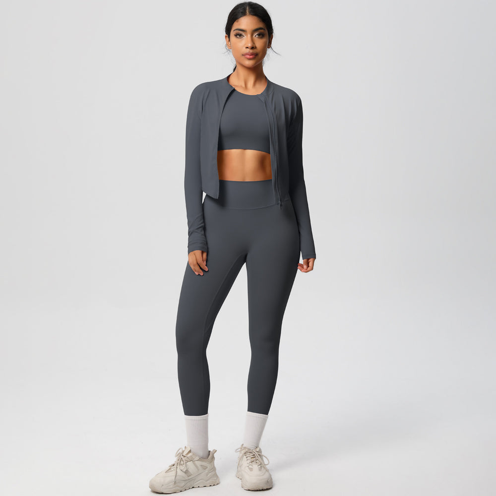 European and american style solid color seamless brushed yoga set - tight-fitting, quick-drying, butt-lifting workout running fitness three-piece set