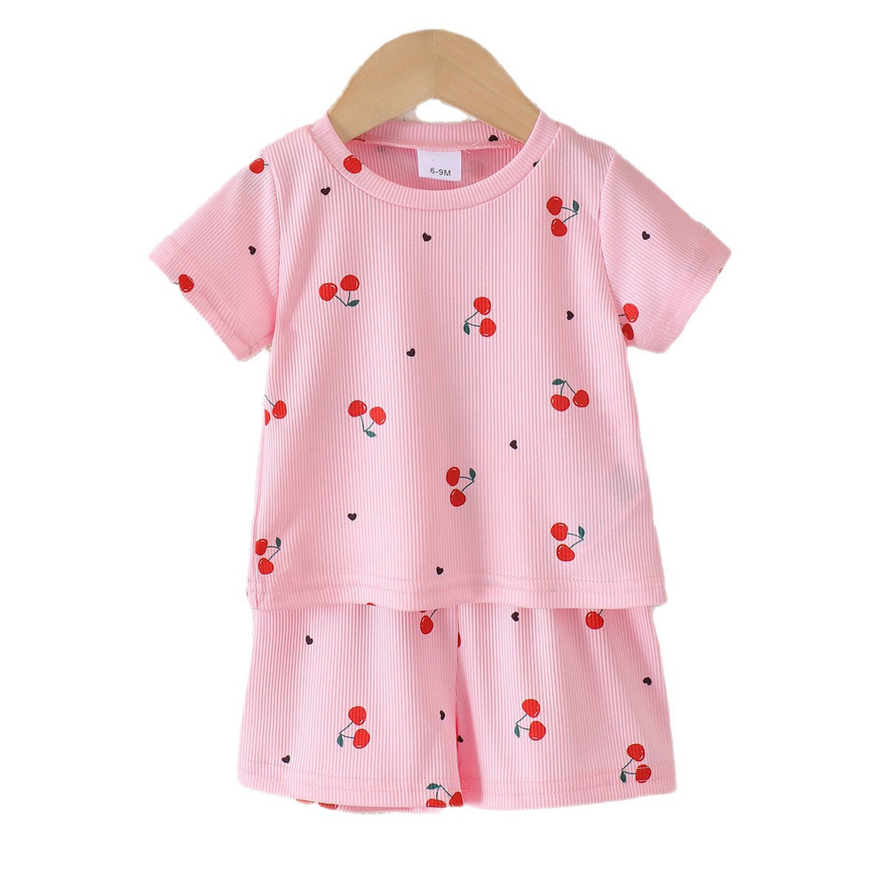 Kids clothing cross-border exclusive for european and american girls new arrival children's pink cherry t-shirt + shorts suit