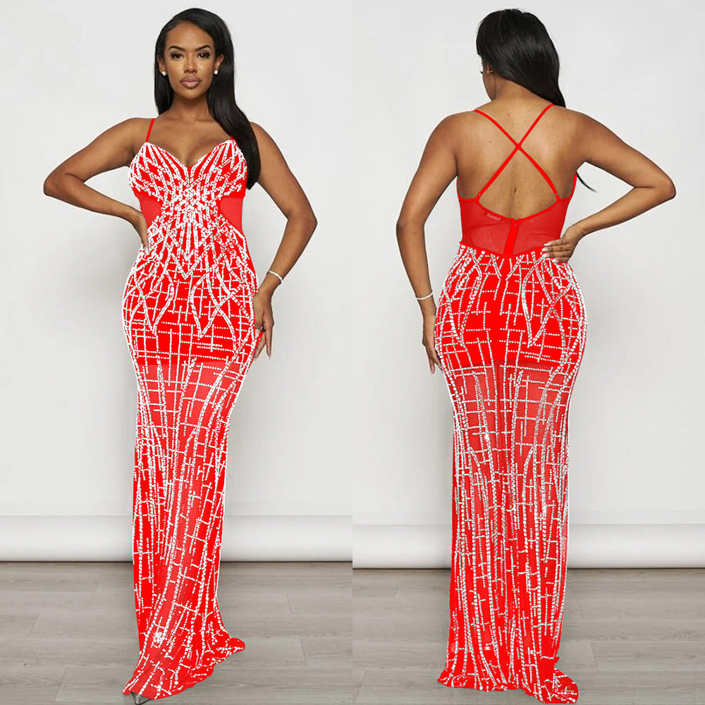 C6689 cross-border   fashion women's solid color mesh rhinestone camisole maxi dress