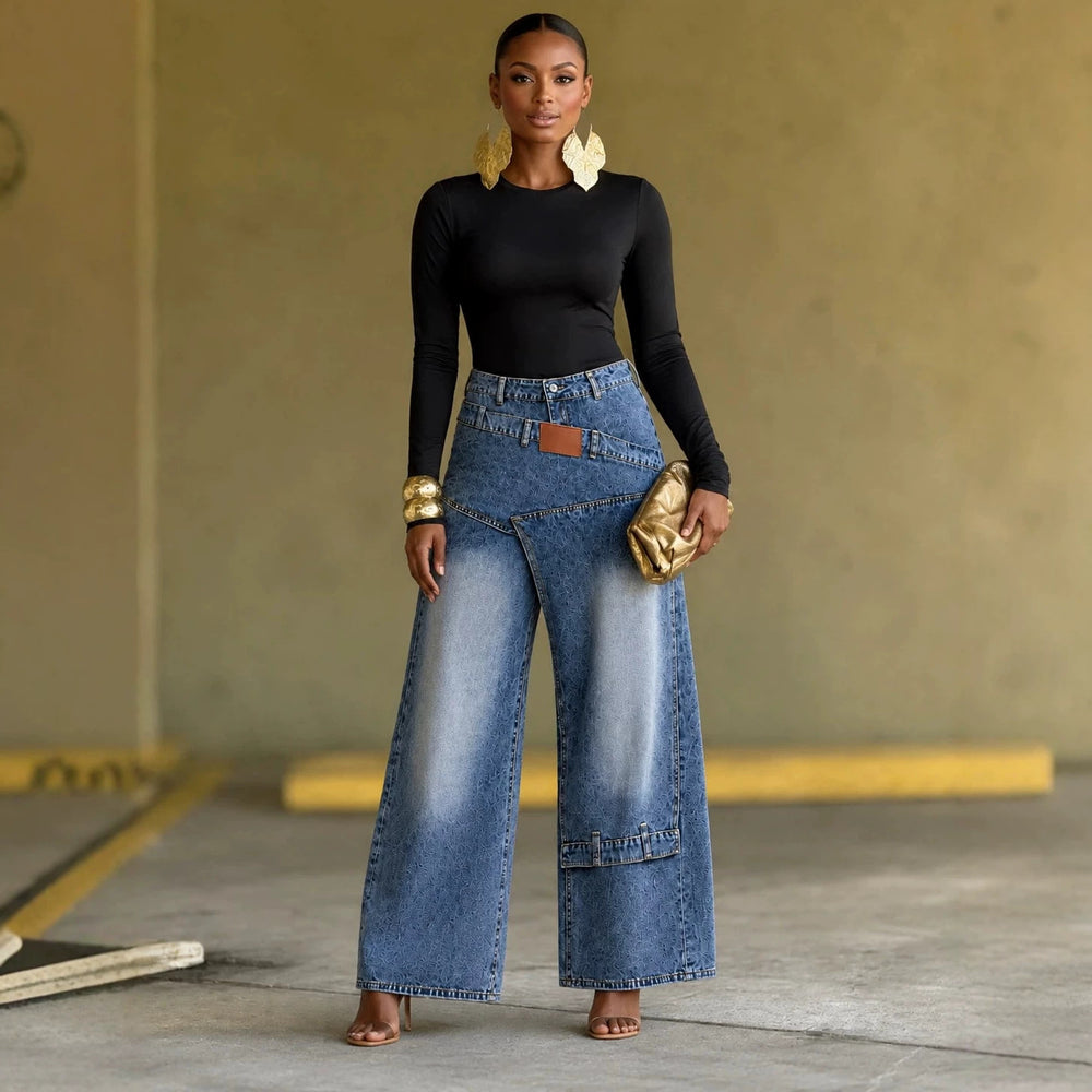 Fashionjeans women's polished diagonal wrap wide-leg mopretro washed leather label niche style trendy denim pants