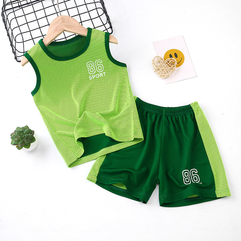 Kids' summer outfit: boys' tank top set, quick-dry athletic mesh, big kids' sleeveless, baby summer two-piece set for girls