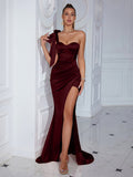 new cross-border  fashion off-the-shoulder slit maxi dress sexy evening gown solid color dress