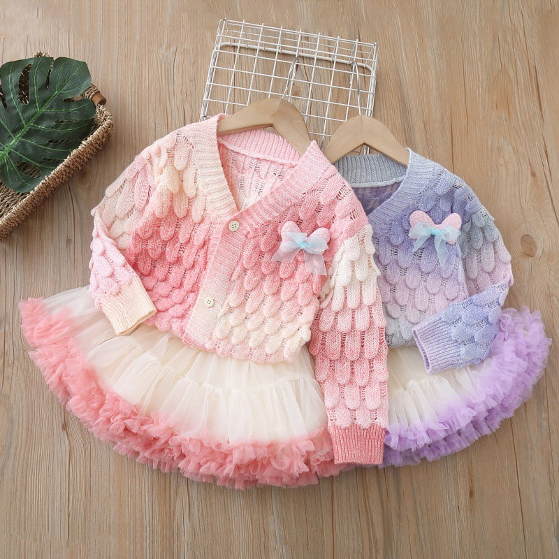 Fall and winternew arrivalgradient colorfulcardigantutu skirtcute princess cardigansuit